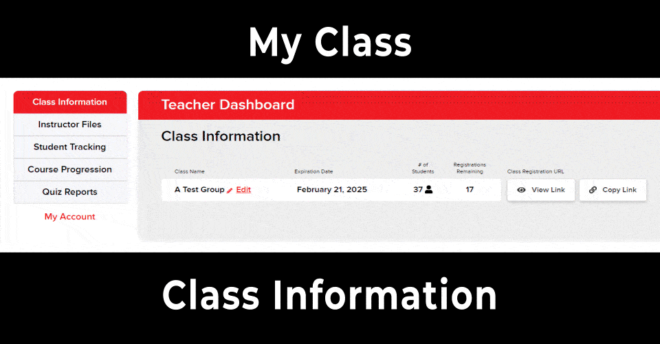 GIF showing the class information, main navigation, class name, and registration URL sections of the My Class page