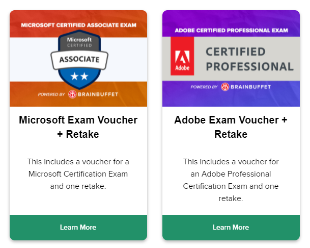 Screenshot of the Microsoft and Adobe exam voucher products