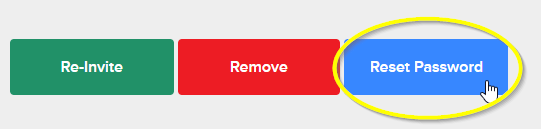 Screenshot of the re-Invite, remove, and reset password buttons with the reset password button circled